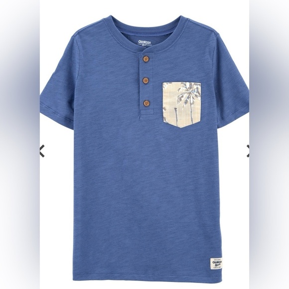 Osh Kosh Palm Tree Print Chambray Drawstring Shorts and Henley Pocket Tee. - Picture 2 of 4